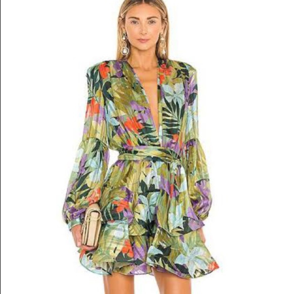 Revolve Bronx and Banco Mini Green Tropical Dress